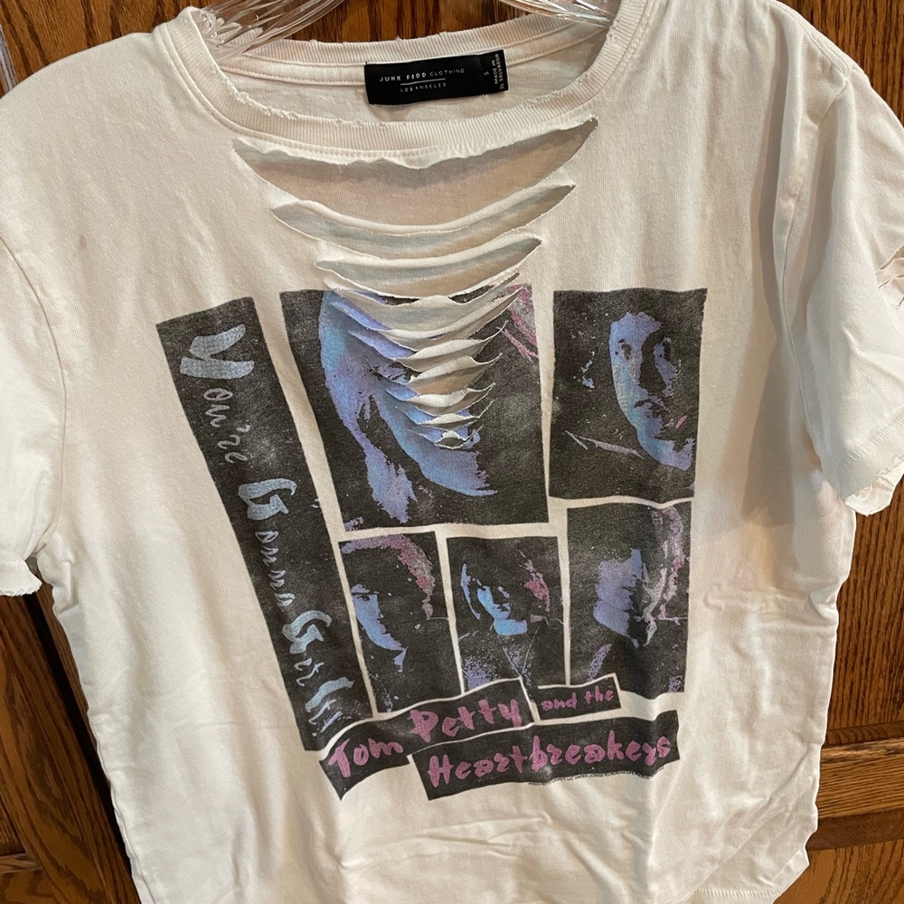 Junk Food Clothing White Distressed Tom Petty Graphic Tee with Purple Accents